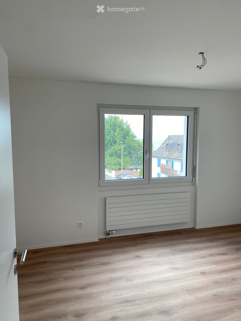 Empty room with light wooden flooring, white walls, large window with view of trees and neighboring building, radiator below window, and electrical outlet on wall.