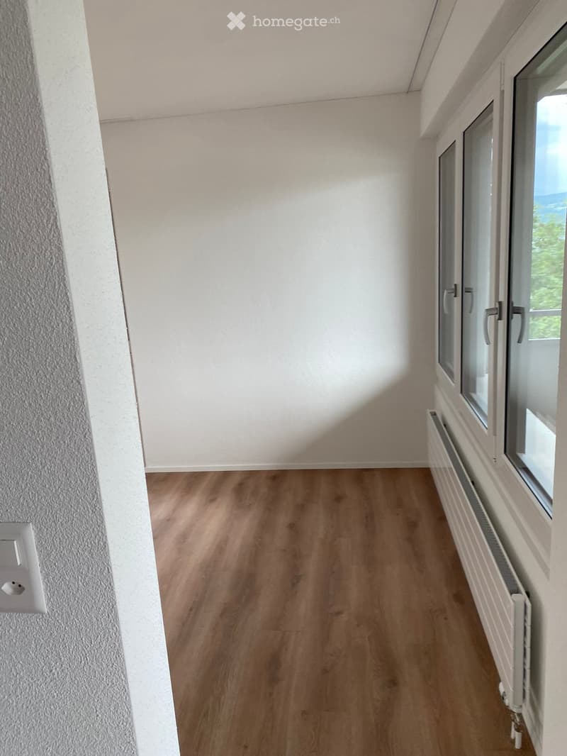 Empty hallway with light wooden flooring, white walls, and large windows on one side, featuring a radiator below the windows.