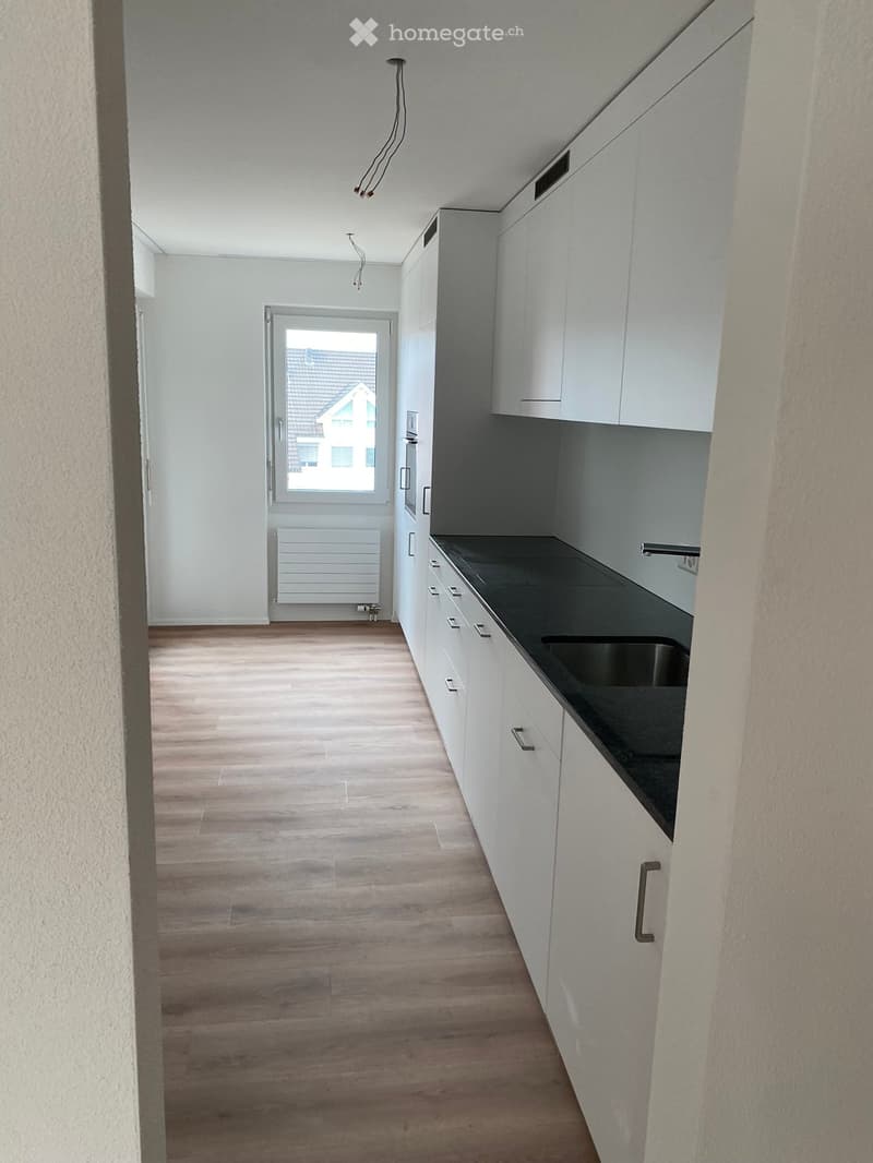 Empty kitchen with white cabinets, dark countertop, and wooden flooring. A door leads to an outdoor area with a view of a house and roof.