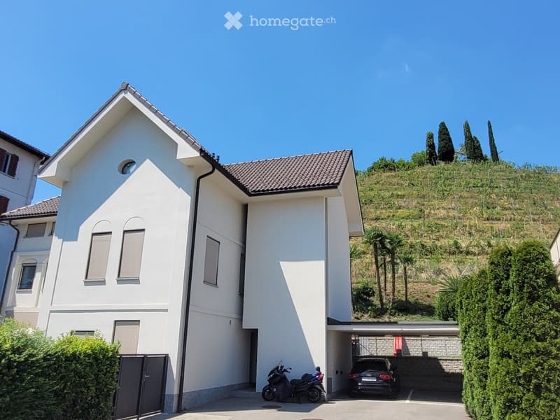 Modern two-story house with white exterior, garage, and a view of a hillside with trees and greenery.