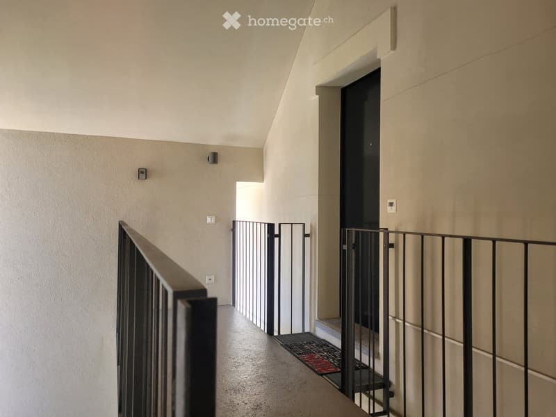 A narrow hallway with beige walls, a metal railing on the left, and a door at the end. The floor is carpeted, and there is a small mat near the door.