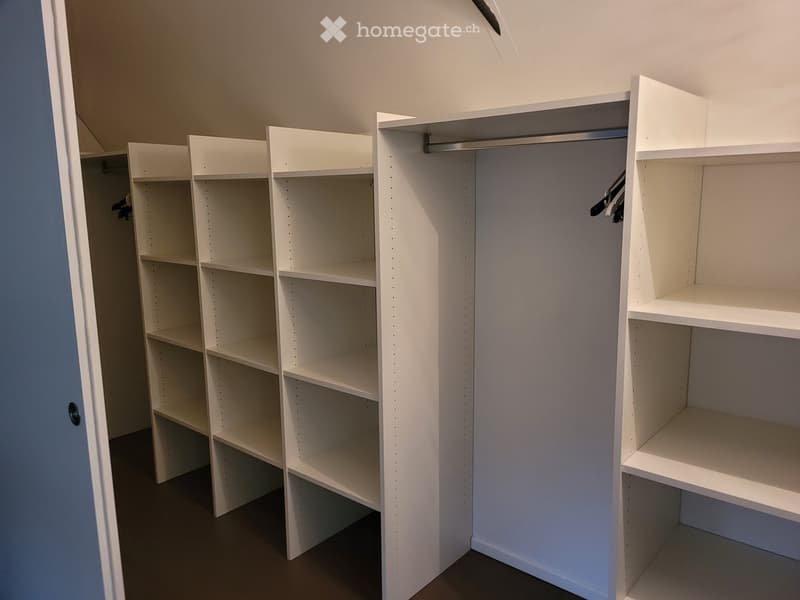 Empty closet with white built-in shelving units and a hanging rod, no items stored.