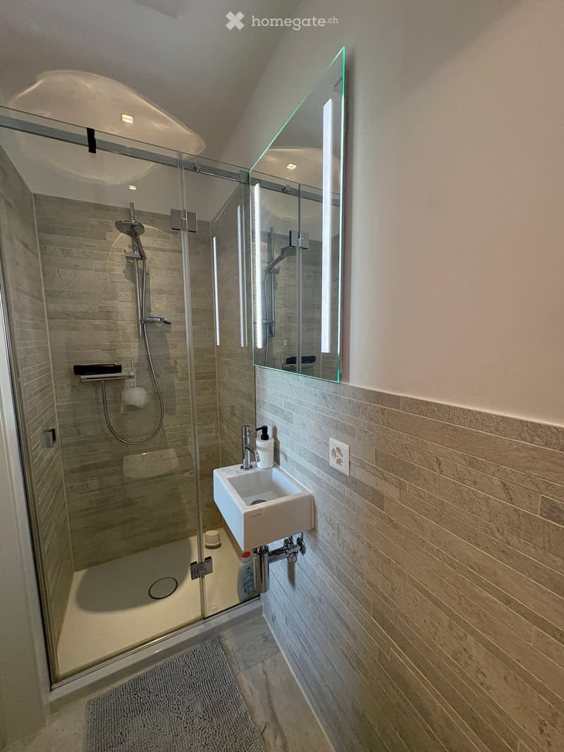Modern bathroom with a glass-enclosed shower, a white sink with a modern faucet, a large illuminated mirror, and a grey bath rug on the floor.