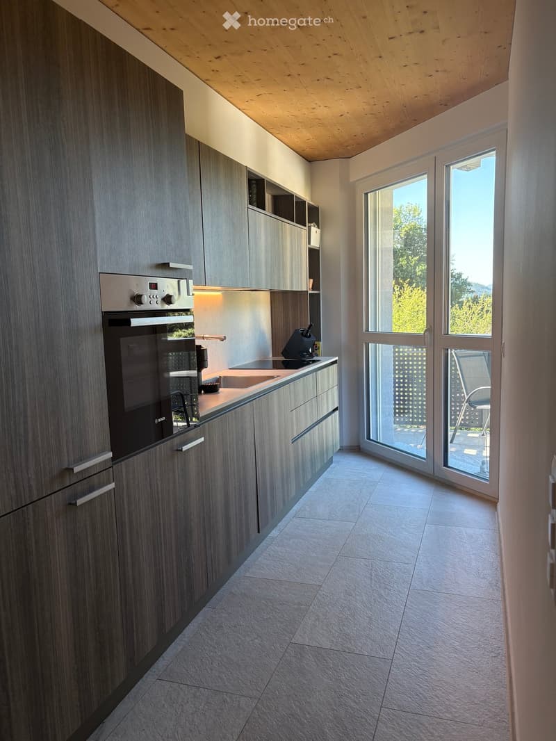 Modern kitchen with grey cabinets, induction cooktop, oven, and large windows offering a view of greenery.