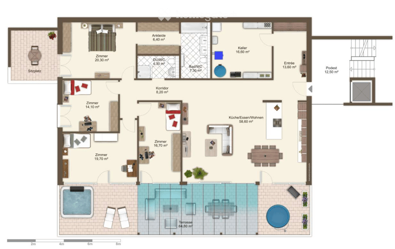 Floor plan of a multi-room apartment with living spaces, bedrooms, kitchen, bathrooms, and a large outdoor terrace with a swimming pool.