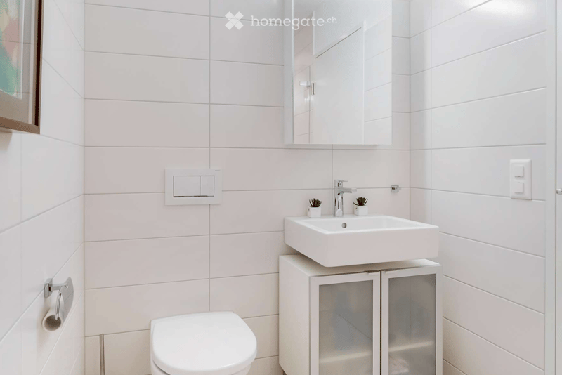 Modern bathroom with white tiles, a white sink on a cabinet, a toilet, a mirror, and small potted plants on the sink.