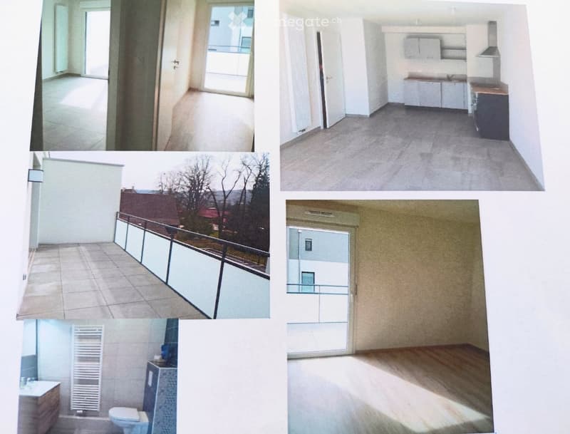 The collage shows multiple unfurnished rooms including a balcony, kitchen, bathroom, and living space, all with minimal furnishings and basic structures.