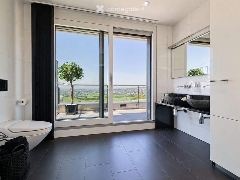 Modern bathroom with dark tiled floor, white toilet, double sink with modern faucets, large mirror, and a panoramic view through large windows.