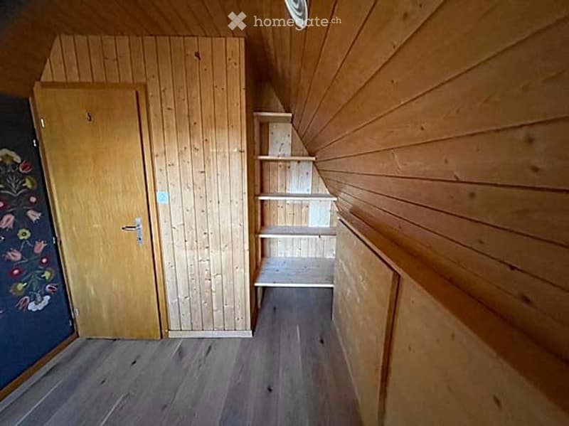 Empty wooden-walled room with a built-in shelving unit and a closed door. The space is unfurnished and features wooden flooring and walls.