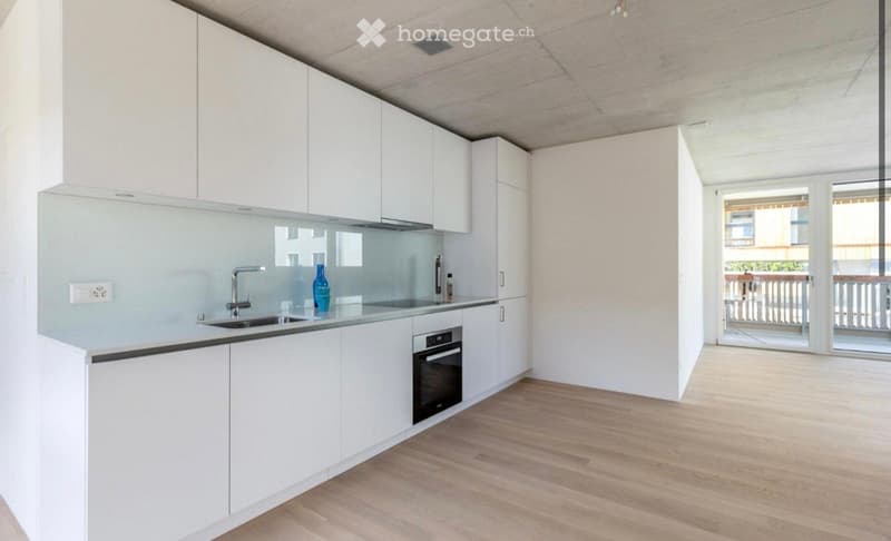 Modern kitchen with white cabinets, wooden flooring, and a balcony access. Features a sink, oven, and a decorative bottle on the counter.