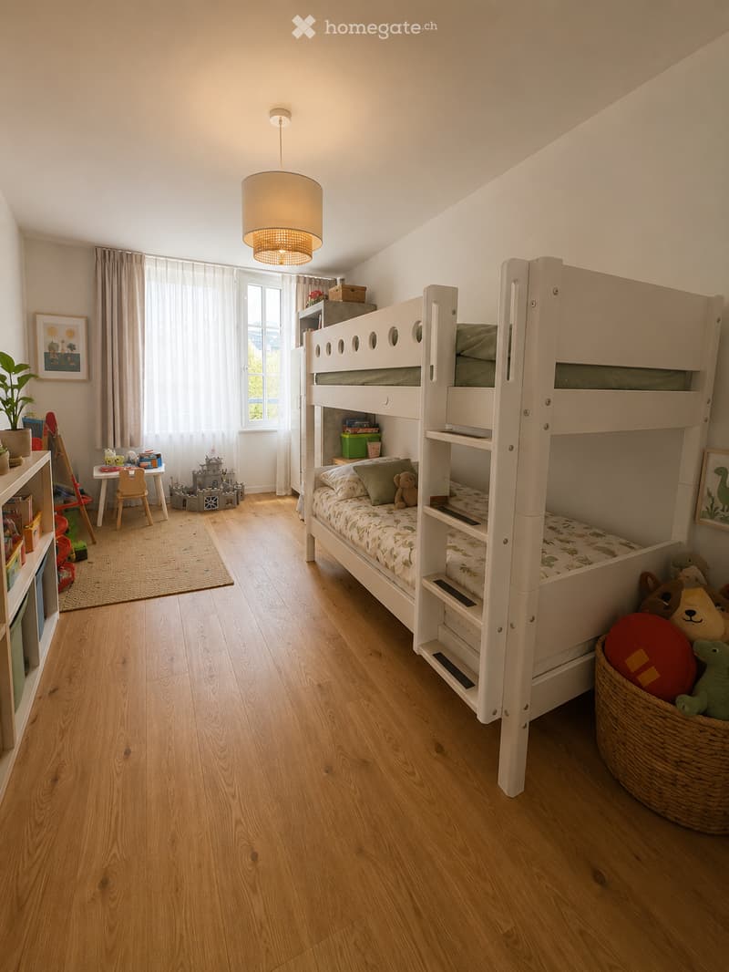 Bright, child-friendly bedroom with a white bunk bed, wooden floor, large window with curtains, and various toys and furniture.