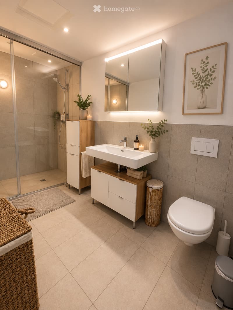 Modern bathroom with beige tiles, white sink, large mirror with LED lighting, toilet, shower, and decorative items including vases and candles.