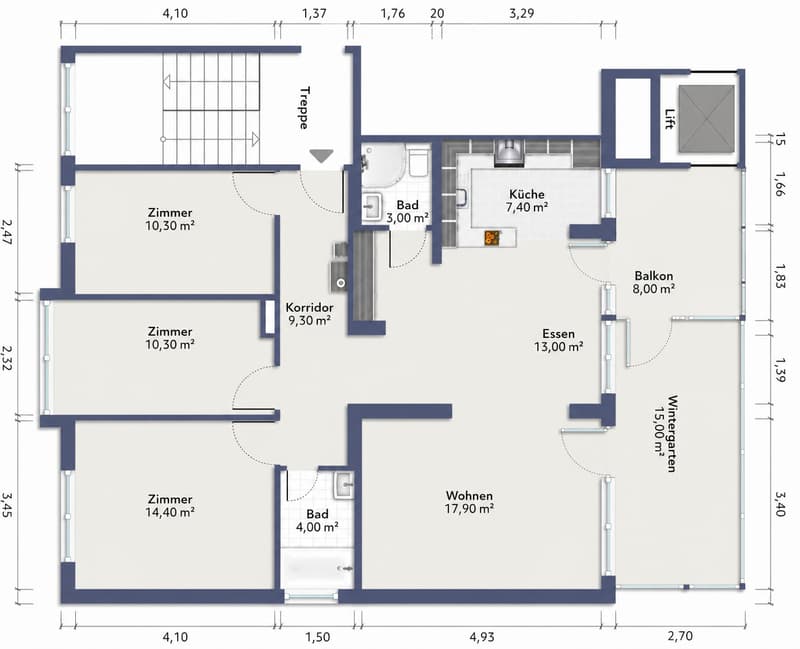 Floor plan of a residential unit featuring a living area, dining area, kitchen, three bedrooms, two bathrooms, a balcony, and a winter garden.