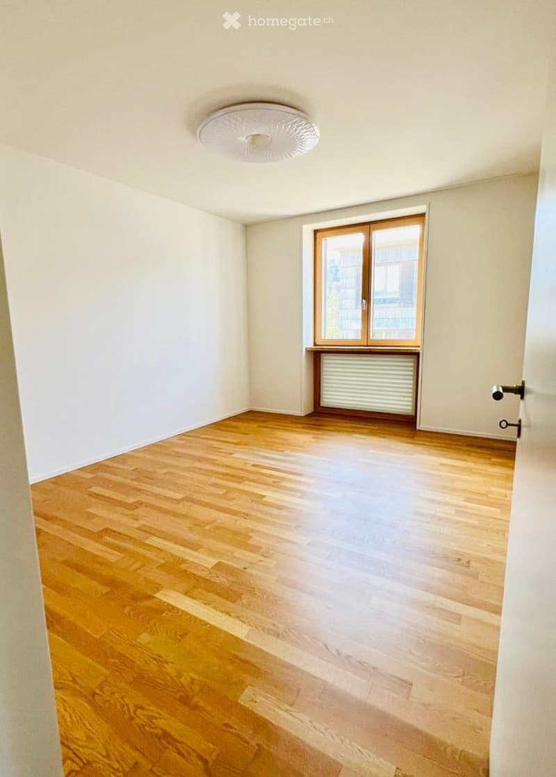 empty room, wooden floor, white walls, ceiling light, window with wooden frame