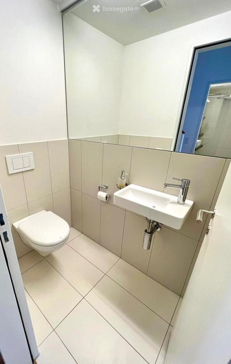 modern bathroom with white tiles, white toilet, white sink, mirror, and a shower area visible through the door