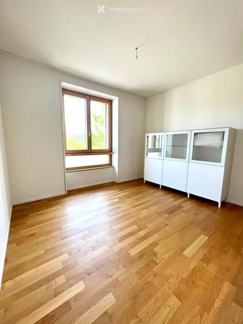 empty room, wooden floor, white walls, large window, white cabinet