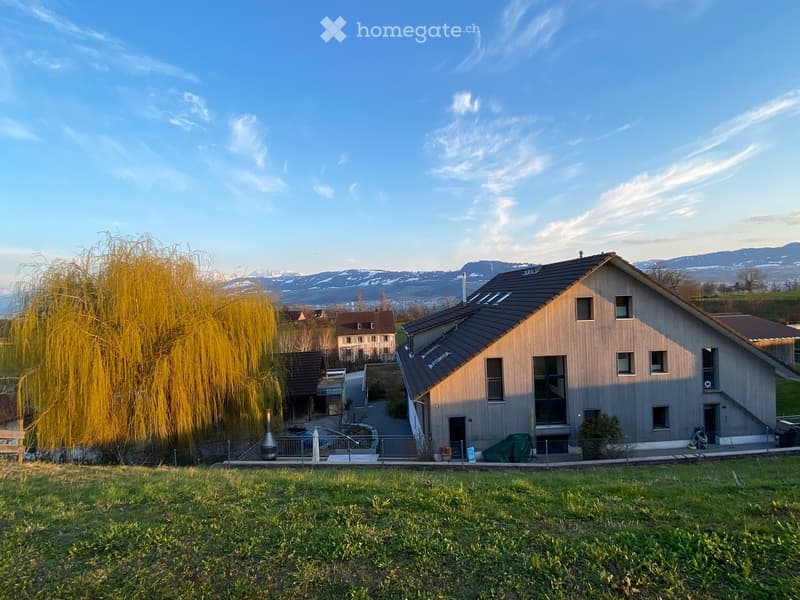 A modern two-story house with a wooden facade, multiple windows, and a dark roof, situated on a grassy slope with a scenic mountain view in the background.
