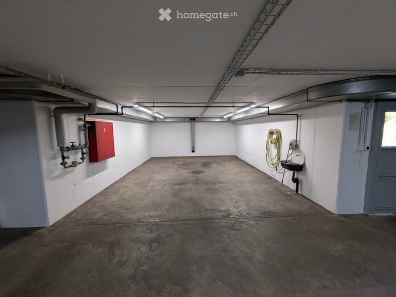 Empty basement or utility room with concrete floor, white walls, exposed pipes, and a small sink.