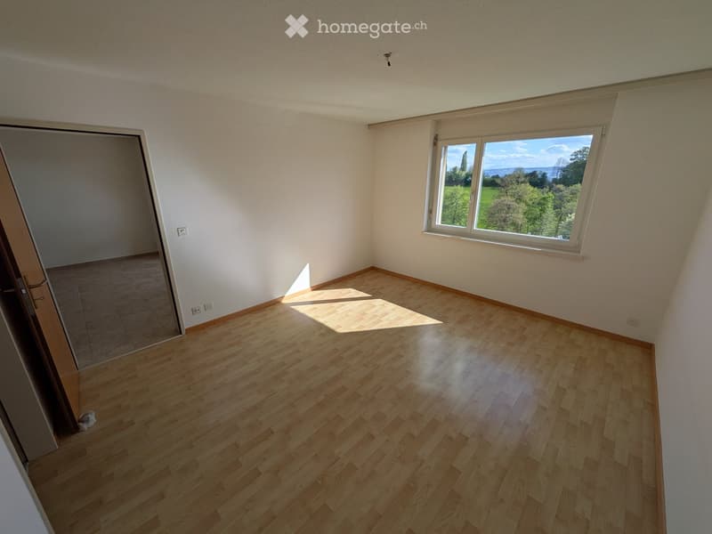 Empty room with wooden flooring, white walls, and a large window offering a scenic view of greenery and a distant landscape.