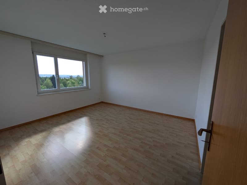 Empty room with wooden flooring and large windows offering a scenic view of trees and landscape.