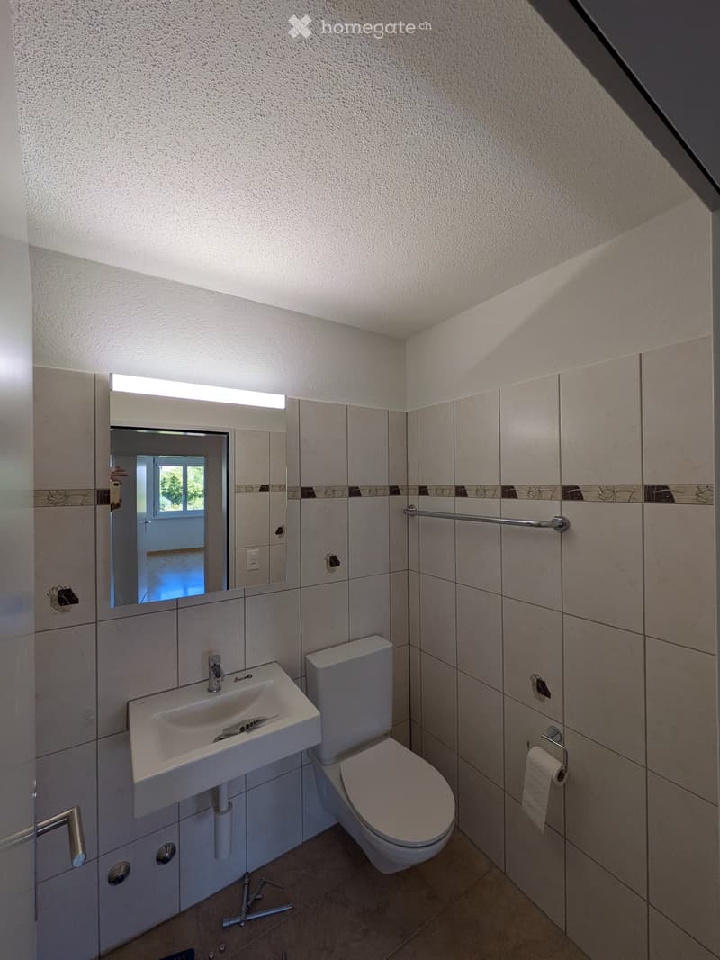 Modern bathroom with a white sink, toilet, large mirror, towel rack, and toilet paper holder. The walls are tiled in light beige, and the ceiling has a textured finish.