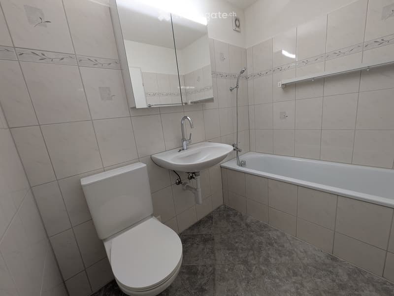 Modern bathroom with white tiles, a toilet, a sink, a bathtub, and a mirror above the sink.
