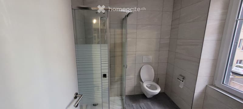 Modern bathroom with a glass-enclosed shower, toilet, and a window offering a view of the street.
