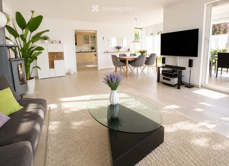 Modern living room with a grey sofa, glass coffee table, dining area with a wooden table and grey chairs, flat-screen TV, fireplace, and large potted plant.