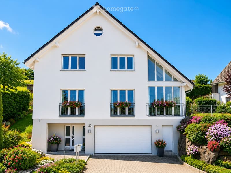 Two-story white house with a garage, multiple windows, and flower boxes on the balconies. The house is surrounded by a well-maintained garden with colorful flowers and shrubs.