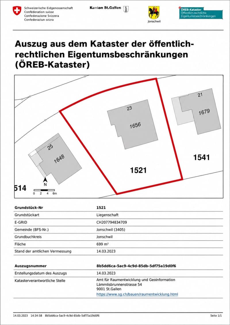 Official property plot map showing boundaries and parcel numbers for land plot1521 in Jonschwil, Switzerland.