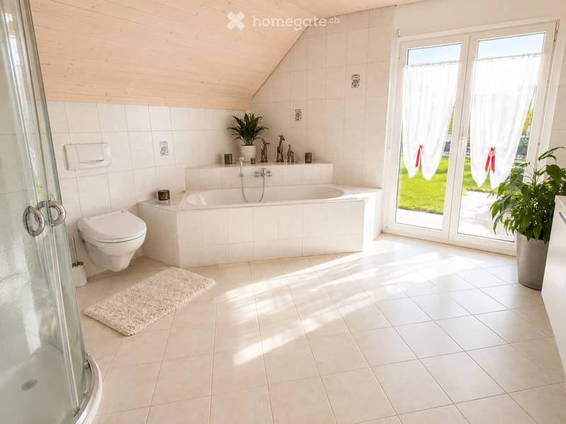 Modern bathroom with white tiles, a bathtub, toilet, shower, and large windows with white curtains. Features include a small white rug, decorative items on the bathtub ledge, and a potted plant near the window.