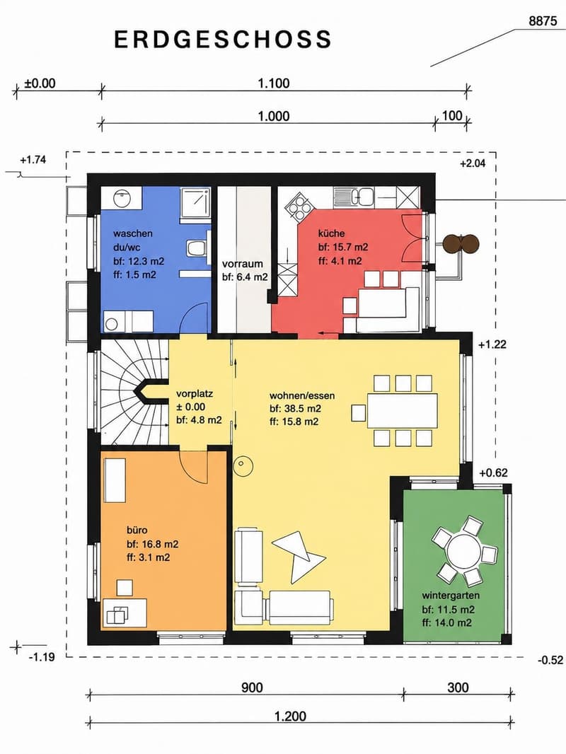 Ground floor floor plan showing a kitchen, living/dining area, office, bathroom, hallway, and winter garden.