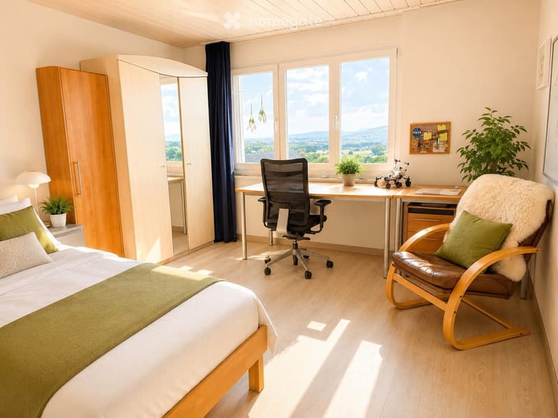 Bright bedroom with a large bed, desk, office chair, wardrobe, and a comfortable chair with a fur throw. Large windows offer a scenic view.
