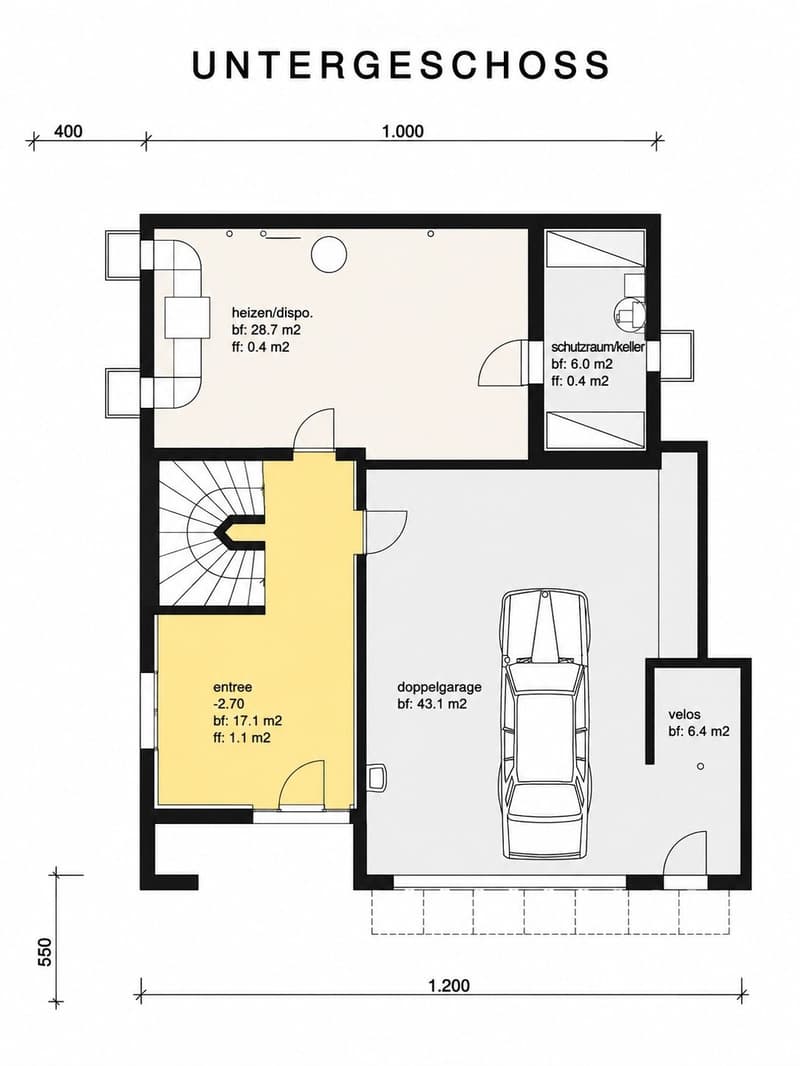 Layout of the basement level showing an entrance area, heating/disposal room, storage room/cellar, double garage, and bicycle storage area.