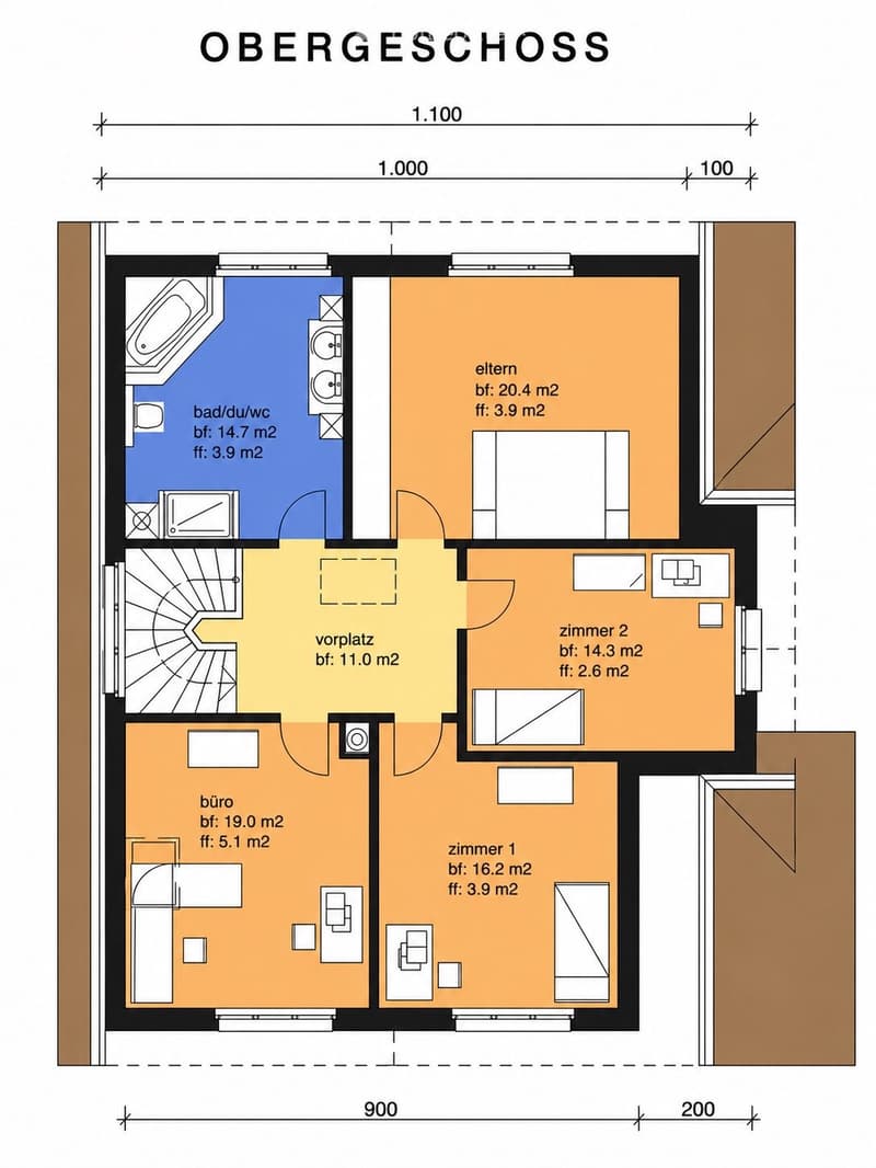 Floor plan of the upper level showing a bathroom, two bedrooms, a hallway, and an office.