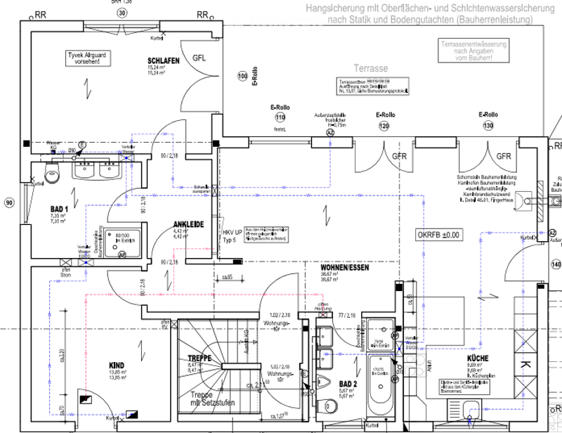 Floor plan of a residential unit showing a living room, kitchen, two bedrooms, two bathrooms, and a terrace.