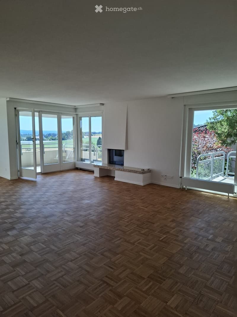 Empty room with wooden herringbone flooring, large windows, and a fireplace. No furniture or equipment present.