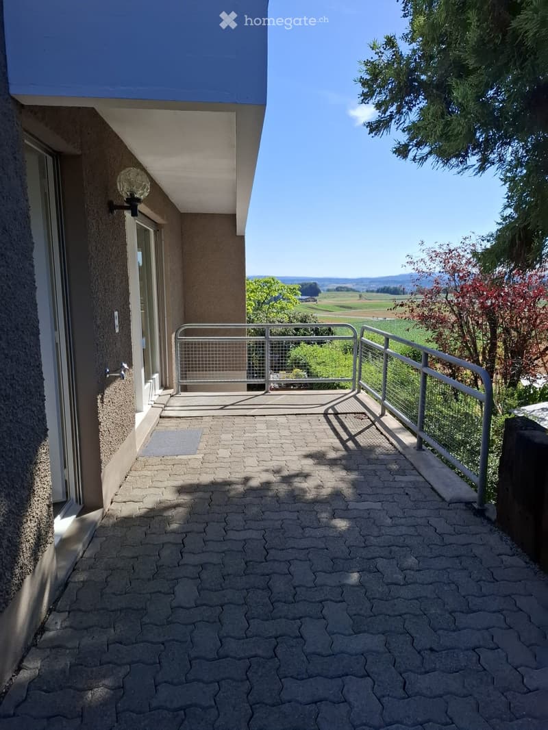 Balcony with brick pavement, metal railing, and scenic countryside view.