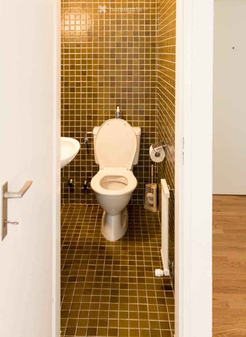 A compact bathroom with green tiled walls and floor, featuring a toilet, sink, toilet paper holder, and toilet brush.