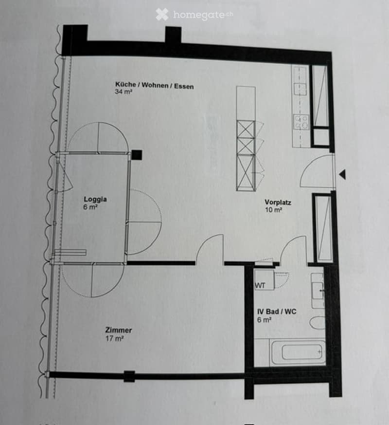 Floor plan of a 34 m² kitchen/living/dining area, 6 m² loggia, 17 m² bedroom, 10 m² entrance area, and 6 m² bathroom/WC.