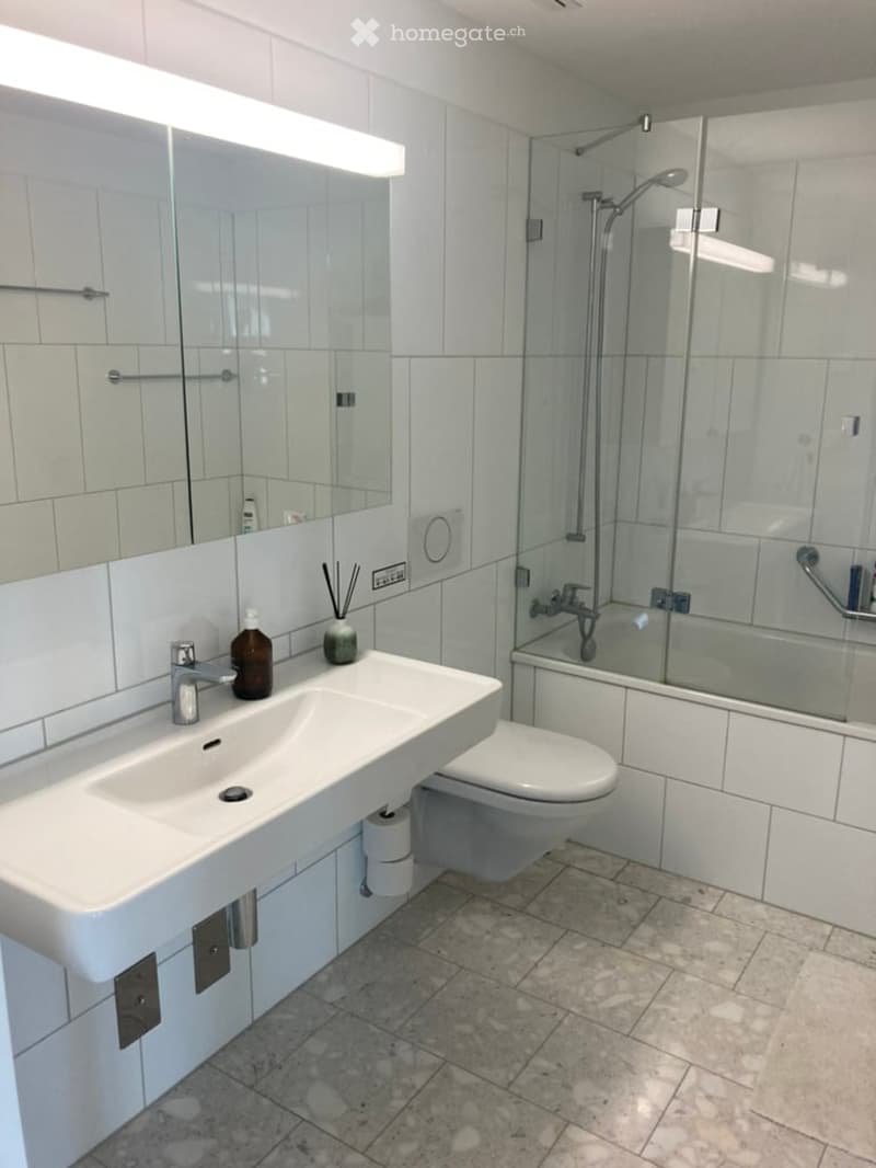 Modern bathroom with white tiles, a large mirror, a sink, a toilet, and a glass-enclosed shower. Includes a bottle and a vase on the sink counter.