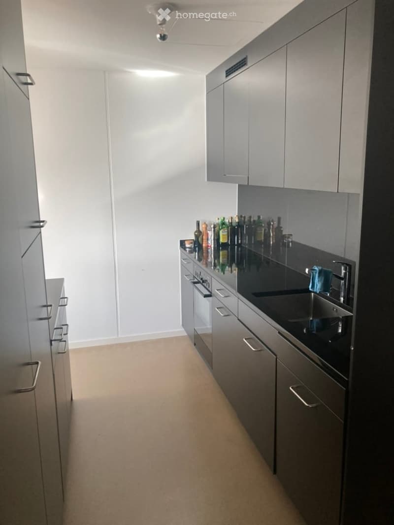 Modern kitchen with sleek grey cabinets, black countertops, and stainless steel appliances. A variety of bottles and a cup are placed on the counter.
