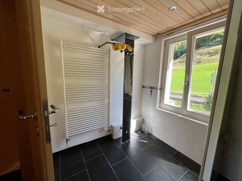Modern bathroom with black tiled floor, white radiator, large window offering a view of a green landscape, and a door leading to another room.