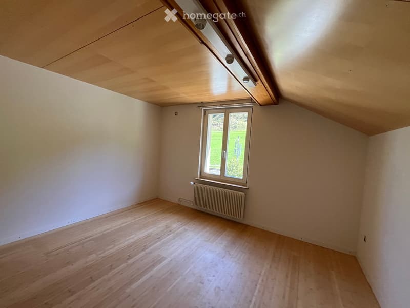Empty attic room with wooden flooring, white walls, and a single window offering a view of greenery outside. The room features a slanted wooden ceiling and a radiator below the window.