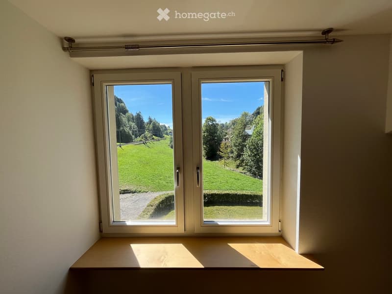 Empty room with large windows offering a scenic view of a green landscape and trees. A wooden bench is positioned beneath the windows.