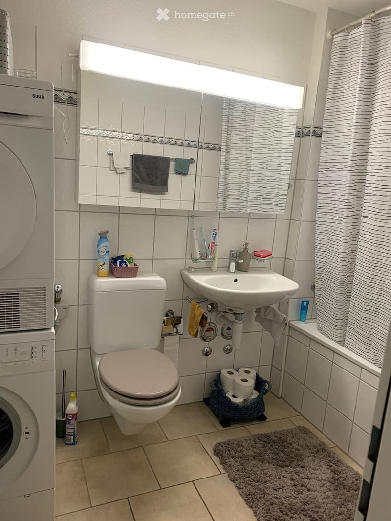 Bathroom with white tiles, toilet, sink, mirror, shower curtain, towels, and a washing machine. Toilet paper and cleaning supplies are visible.