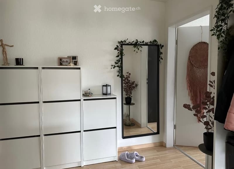 A modern, minimalist bedroom with a white wardrobe, a large mirror with a plant on top, a small table with a lamp, and a hanging plant near the closet. The floor is light wood, and there are slippers placed near the door.