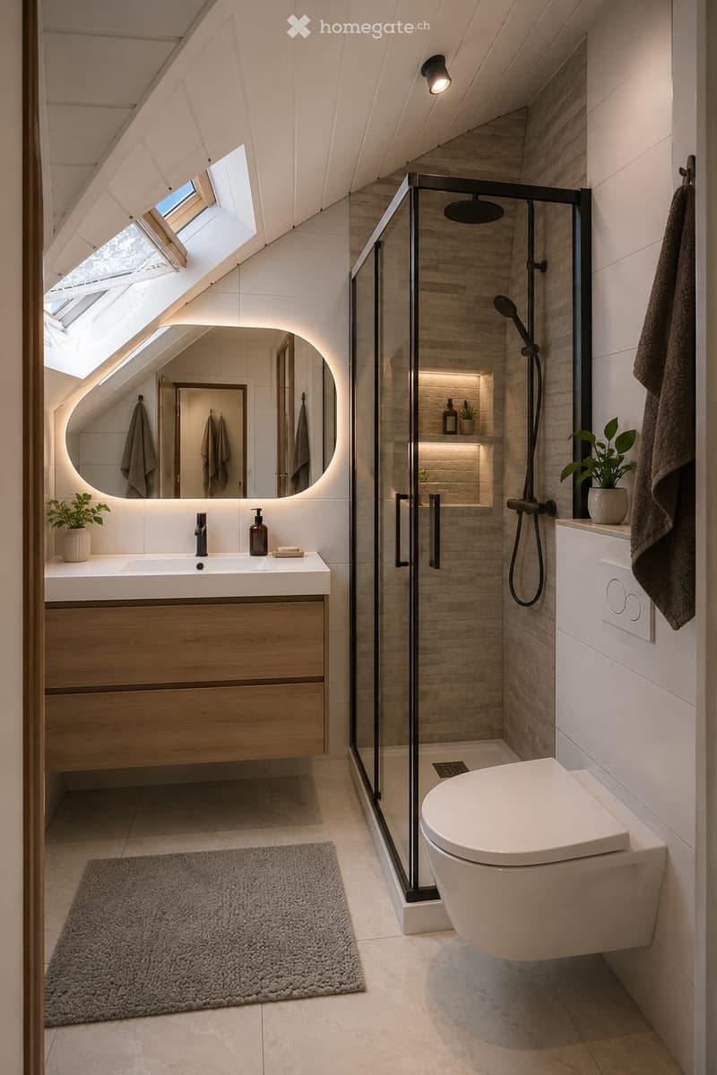 Modern bathroom with a sleek sink, mirror, toilet, and glass-enclosed shower. Features include a wooden cabinet, built-in lighting, and a skylight window for natural light.