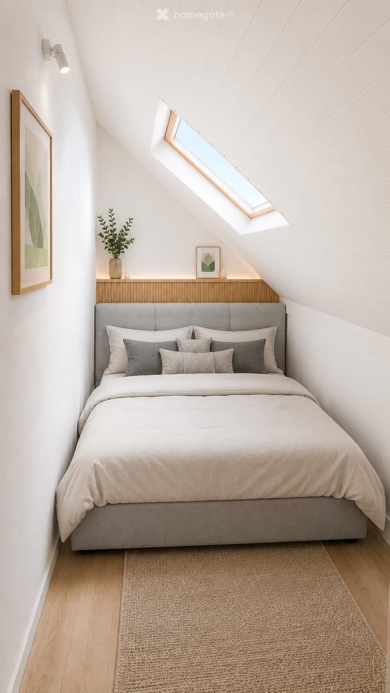 Cozy attic bedroom with a large bed, multiple pillows, a headboard, a nightstand with a vase and picture frame, and a woven rug on the floor.