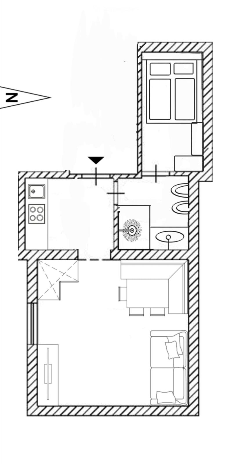 Layout of a compact studio apartment featuring a combined living and sleeping area, a kitchenette, and a bathroom.